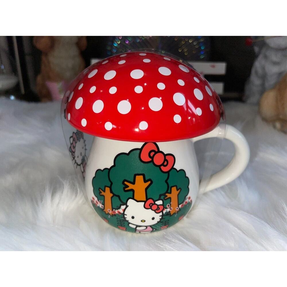 Sanrio Hello Kitty Mushroom Ceramic Mug with Lid 16 oz Cottage Core RED